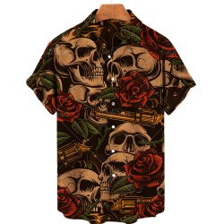 Áo Sơ Mi Hawaii Nam Họa Tiết Đầu Lâu Hoa Hồng Súng