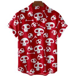 Áo Sơ Mi Hawaii Nam Họa Tiết Đầu Lâu Trắng Nền Đỏ