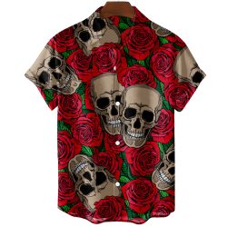 Áo Hawaii đi biển họa tiết đầu lâu và hoa hồng đỏ nổi bật