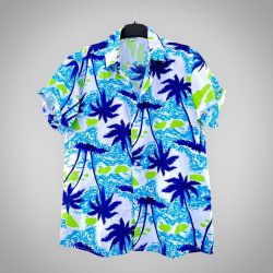 Áo Sơ Mi Hawaii Họa Tiết Cây Dừa Biển Xanh Lá Nền Trắng