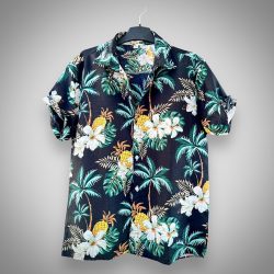 Áo Sơ Mi Hawaii Họa Tiết Cây Dừa, Dứa, Hoa Sứ Nền Đen