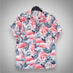 Áo Sơ Mi Hawaii Họa Tiết Hồng Hạc Và Lá Nhiệt Đới Đi Biển
