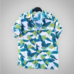 Áo Sơ Mi Hawaii Ngắn Tay Họa Tiết Lá Xanh Hoa Vàng Đi Biển