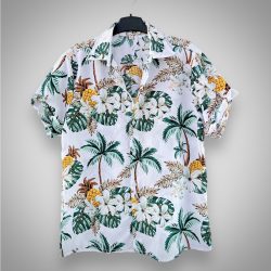 Áo Hawaii Trắng Họa Tiết Cây Cọ Dứa