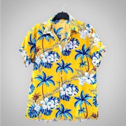 Áo Hawaii Vàng Họa Tiết Cây Cọ Hoa Dâm Bụt
