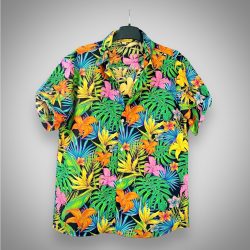 Áo Hawaii Đen Họa Tiết Hoa Lá Nhiệt Đới Đa Sắc