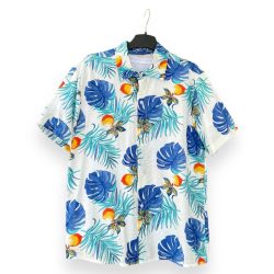 Áo Hawaii Trắng Họa Tiết Lá Xanh Cam