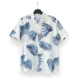 Áo Hawaii Trắng Họa Tiết Lá Cọ Xanh Dương