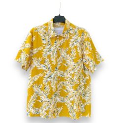 Áo Hawaii Vàng Họa Tiết Lá Trắng Xanh